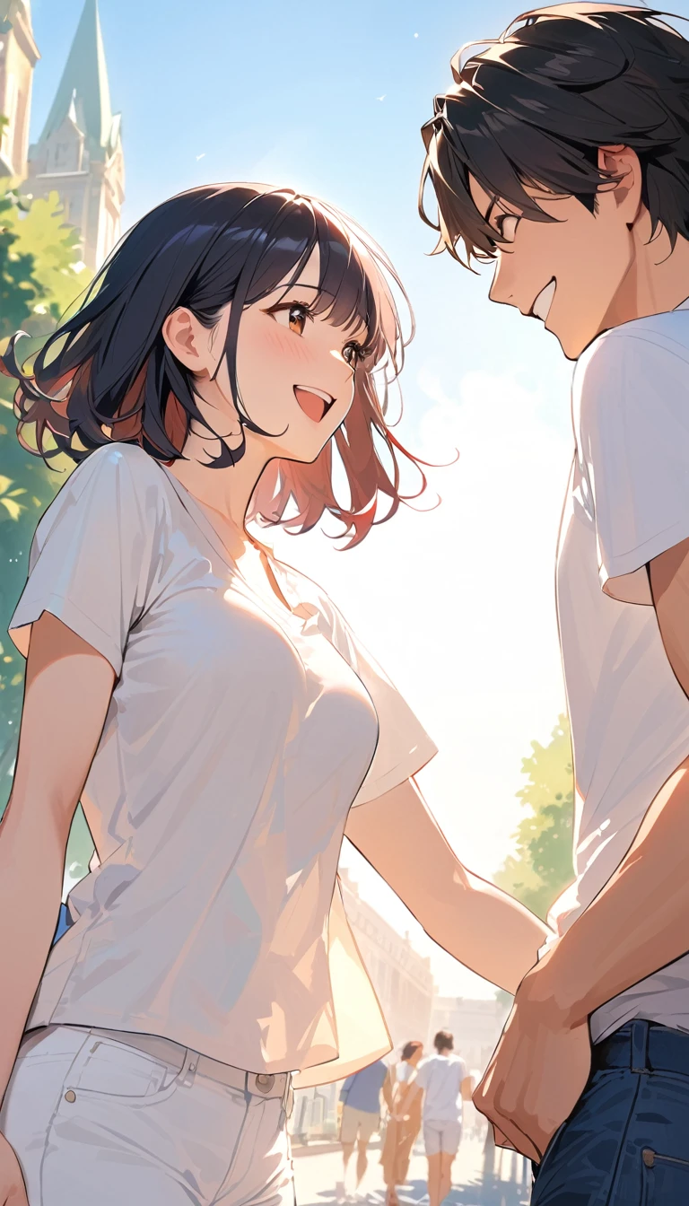 super detail, best quality, under the summer sun, a college couple, a man and a woman, are facing each other and laughing happily in front of the university. BREAKE The man has short black hair, wears a white T-shirt and blue jeans. BREAK The woman has a dark brown short bob haircut, wears a light blue blouse and white pants. BREAKE The background shows the university building.