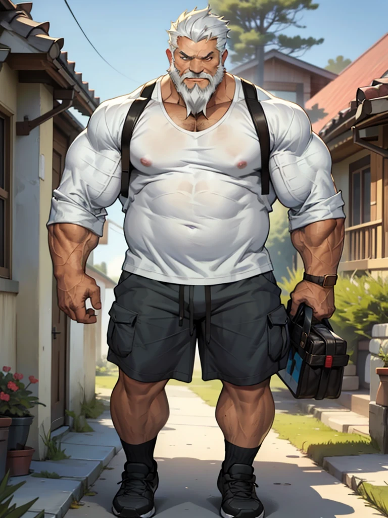 chubby old man in front house, old man, thick arm, huge arm, bearded. white hair and beard, bearded, muscular, pectoral, wide pectoral, realistic, 8k, masterpiece, (wearing shorts and white shirt:1.3, shoes)