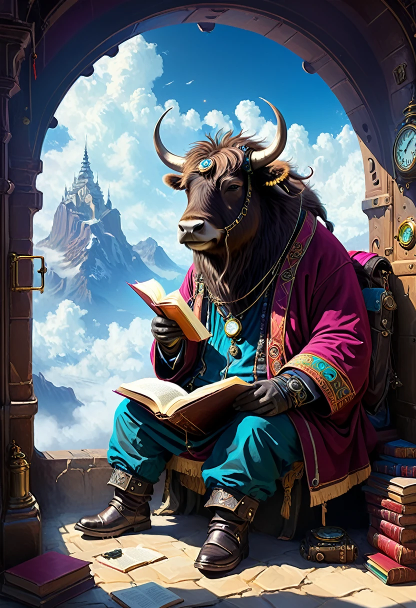 surreal concept art , An atmospheric concept art of a talented yak reading in a charming universe, noon. Spotlighting. Clockpunk.