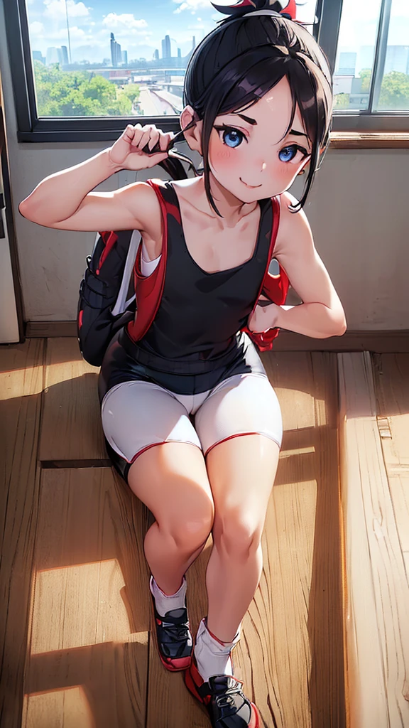 ((masterpiece)),((Highest quality)),((High resolution)),((Anatomical)),((Realistic)),((Detailed Description)),((Full body view)),((Perfect lighting)),((8k)),((cute)),((School classroom)),((Window)),((blue sky)),((cumulonimbus)),((Sit at a desk)),(((((One ))),(((Lori))),(((neutral))),((child)),((8-year-old)),((Beautiful eyes)),((Baby Face)),((low length)),((Petite)),((Flat Chest)),((Black Ponytail)),((Seductive smile)),((Red cheeks)),(((White tank top))),(((bikeshorts))),(((1 backpack))),