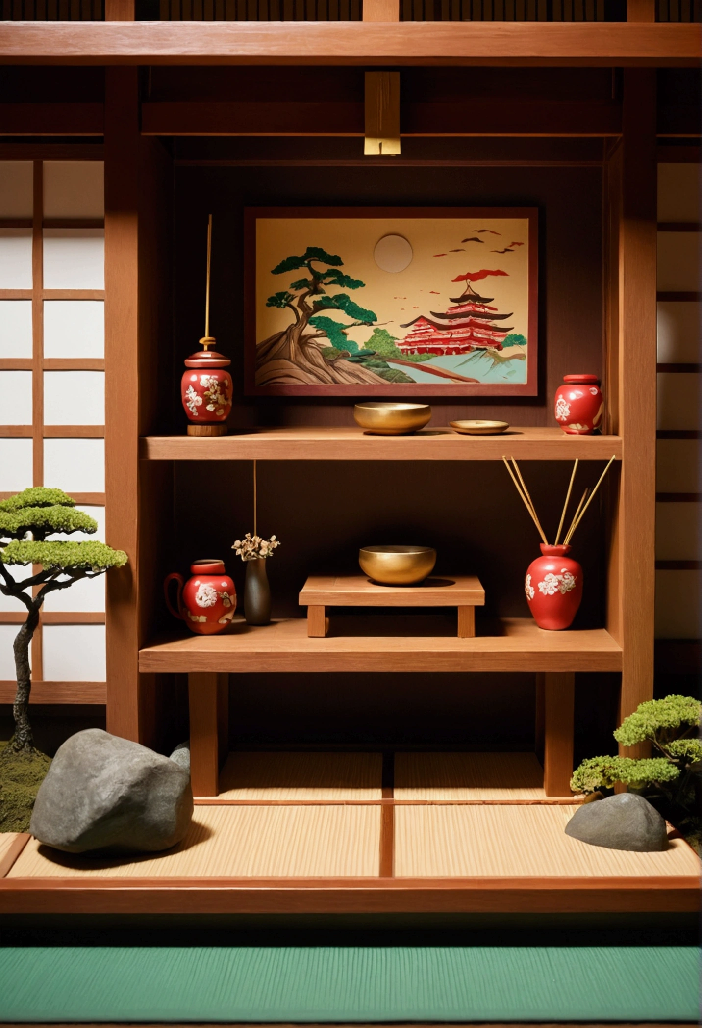 Japanese style、A three-dimensional wooden stage、shrine、Placed in a detailed still life scene in a diorama、kitsch、high tech、distinct、Cinematic、Anime influences、ultra modern、Sharp Focus、Wide-angle lens、landscape