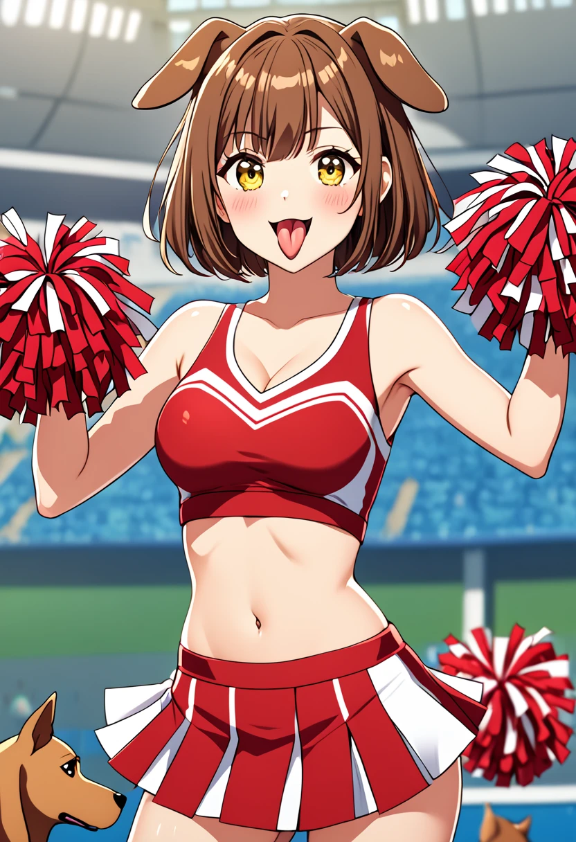 1girl, standing, tail wagging, dog ears, yellow eyes, brown hair, bangs, short hair, parted bangs, hand on own chest, tongue out, skin tight cheerleader outfit