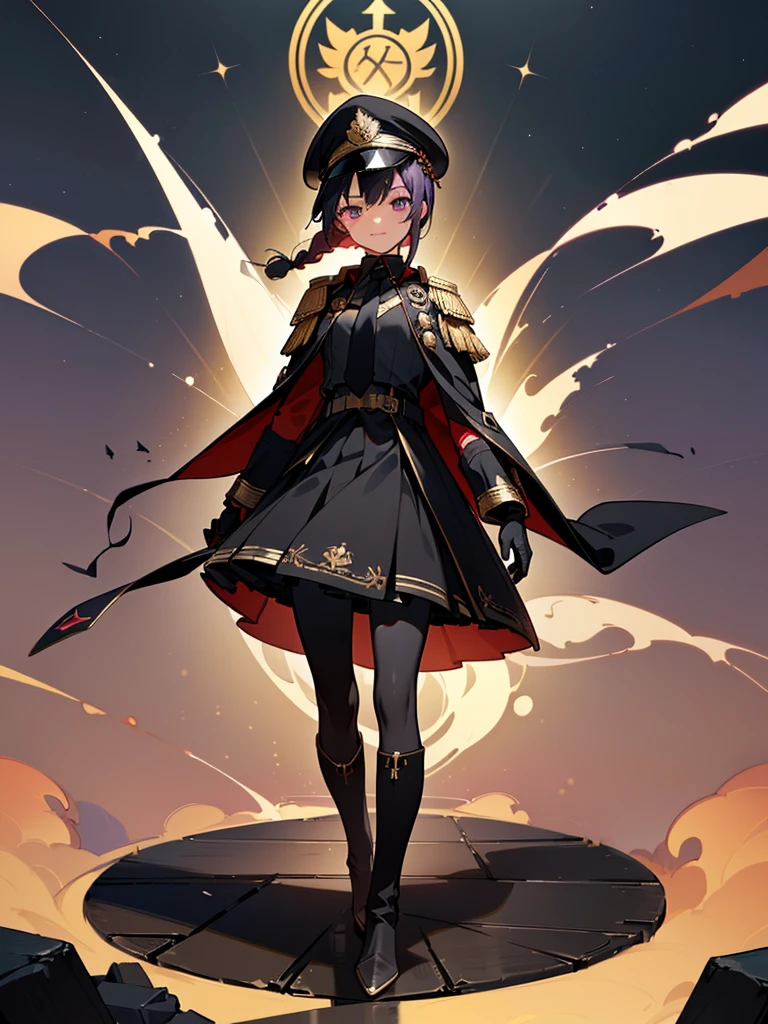 realisitic, City Deserted, Pile of rubble, Brick building, a one woman (18 years old, far away blackw hair, far away slits, Eyes red, glare eyes, 精致的面容, standing (In floor, feet shoulder-width apart), ta style military uniform (blackw base, Red Insert, golden decoration, volantes, wide sleeves, dainty and delicate detailing armors), blackw far away gloves (blackw, Red Insert, golden decoration, small hands, armors), blackw far away gloves, knee high boots (blackw, high-heels, red soles), ha (blackw, aba dourada, shield emblem, delicate details), arms in front, Front of belly, Holding military swords with both hands (blackw, golden decoration, delicate detail, Handle at the top, Ground-facing blade, in front of the body, far away), night sky (blackw, stele, Increased flames and smoke) Pale painting style, One Girl, super high quality, Super Detail, Super Detailed image, long hair, looking at viewer, skirt, shirt, hair ornament, violet eyes, gloves, round glasses, long sleeves, hat, closed mouth, jacket, violet hair, braid, open clothes, necktie, black gloves, black skirt, uniform, single braid, open jacket, black jacket, black headwear, 手链, Peaked cap, black necktie, cropped jacket, military hat, pantyhose, Flat Chest, smile, Black Cape