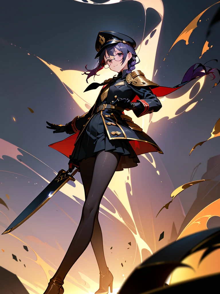 realisitic, City Deserted, Pile of rubble, Brick building, a one woman (18 years old, far away blackw hair, far away slits, Eyes red, glare eyes, 精致的面容, standing (In floor, feet shoulder-width apart), Lolita style military uniform (blackw base, Red Insert, golden decoration, volantes, wide sleeves, dainty and delicate detailing armors), blackw far away gloves (blackw, Red Insert, golden decoration, small hands, armors), blackw far away gloves, knee high boots (blackw, high-heels, red soles), ha (blackw, aba dourada, shield emblem, delicate details), arms in front, Front of belly, Holding military swords with both hands (blackw, golden decoration, delicate detail, Handle at the top, Ground-facing blade, in front of the body, far away), night sky (blackw, stele, Increased flames and smoke) Pale painting style, One Girl, super high quality, Super Detail, Super Detailed image, long hair, looking at viewer, skirt, shirt, hair ornament, violet eyes, gloves, round glasses, long sleeves, hat, closed mouth, jacket, violet hair, braid, open clothes, necktie, black gloves, black skirt, uniform, single braid, open jacket, black jacket, black headwear, 手链, Peaked cap, black necktie, cropped jacket, military hat, pantyhose, Flat Chest, smile, Black Cape