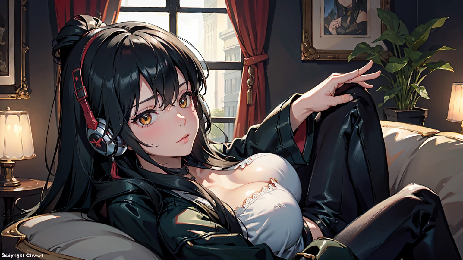 masterpiece、high resolution 8k、NSFW、sharp focus、contrast lighting、A woman with long black hair sits at a record turntable, resting her chin on her hand. She wears large headphones around her neck. Her gaze is focused and contemplative. Behind her, a black cat is perched on a couch, looking towards her. The room has a cozy atmosphere, with a green potted plant in the background.