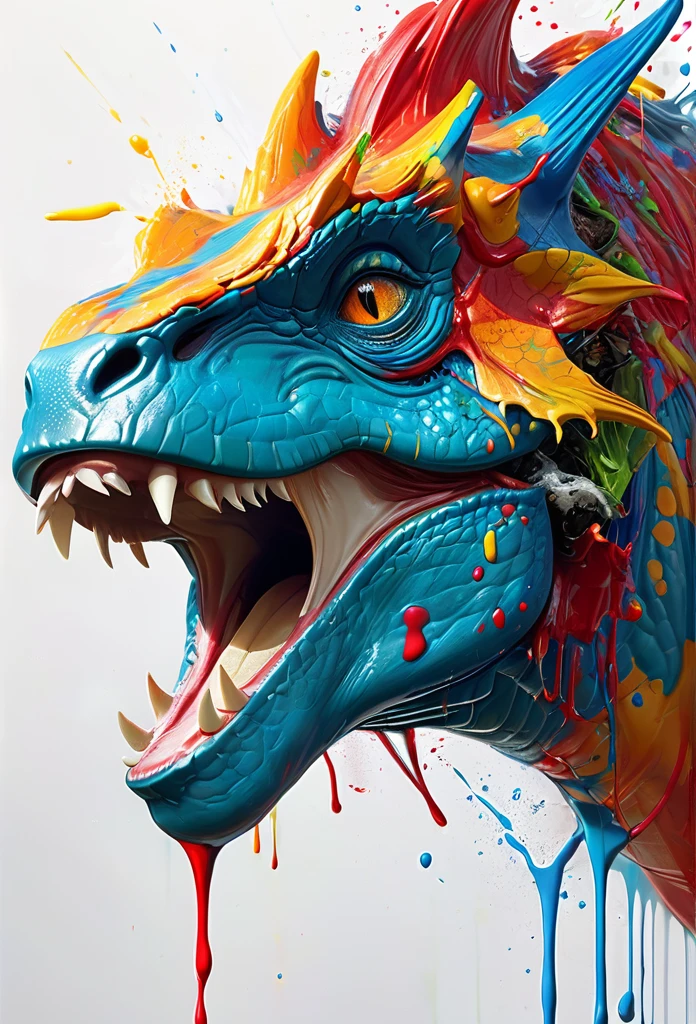 arte splash, a dinosaur rex head, very detailed mane ((White background)), piercing eyes, Epic Instagram, art-station, splash style of colorful paint+, Contour, hyper-detailed intricately detailed, engine unreal, awesome, details Intricate, splashscreen, colors complementary, realistic concept art, 8K resolution, deviantart masterpiece, oil-painting, heavy brush strokes, paint drips, splash arts black/blue and red paint
