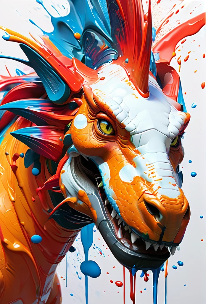 arte splash, a dinosaur rex head, very detailed mane ((White background)), piercing eyes, Epic Instagram, art-station, splash style of colorful paint+, Contour, hyper-detailed intricately detailed, engine unreal, awesome, details Intricate, splashscreen, colors complementary, realistic concept art, 8K resolution, deviantart masterpiece, oil-painting, heavy brush strokes, paint drips, splash arts black/blue and red paint
