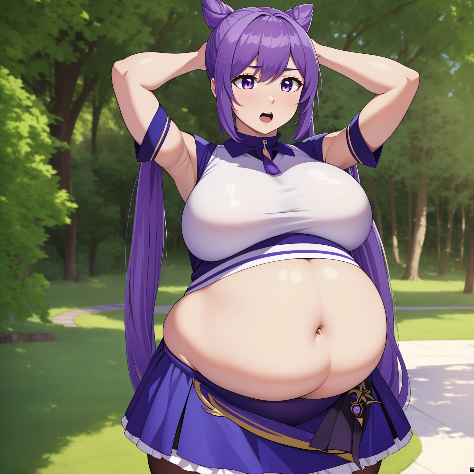 (best quality:1.2), 1girl, (masterpiece:1.2), (semi-realistic:1.2), raytracing, ultra detailed,detailed face, 8k wallpaper, wide hips, KeqingGenshin_NDV, 1girl, purple hair, large breasts, long hair, twintail, purple eyes, pantyhose, cone hair bun, double bun, choker, dress, detached sleeves, frills, outdoor, ((big belly), shocked, open mouth, (hands behind head:1.4), (solo:1.5)