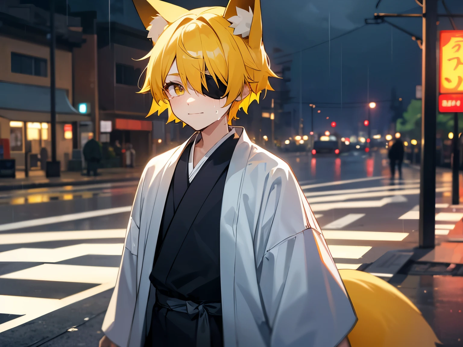 a boy, gradient_eyes, one yellow eyes, upturned eyes, eyepatch, slit pupils, short hair, yellow hair, side swept bangs, wearing a blue kimono, fox ears, fox tail, sad, sad smile, tears are rolling on is cheeks, crying on the street ,it's raining, weet clothes and hair, high details, high quality, best quality, highres,