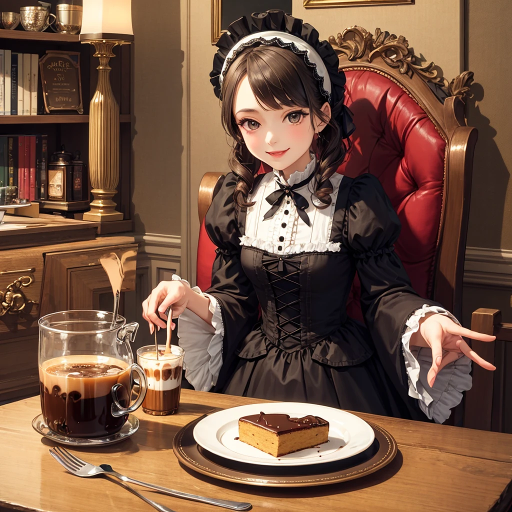 Coffee Break,Gothic Lolita,Victorian Era,Gothic ,solo girl,Smile,Chocolate cake,Perfect composition,Iced coffee on the table,