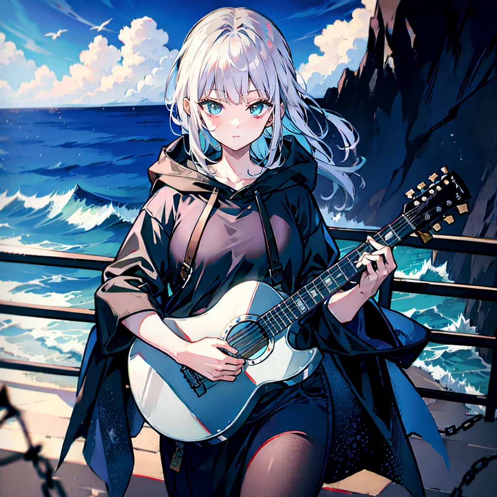 dusk，White hair girl，Wearing a black shirt，The hood covered her face，One hand holding a guitar，Facing the sea。