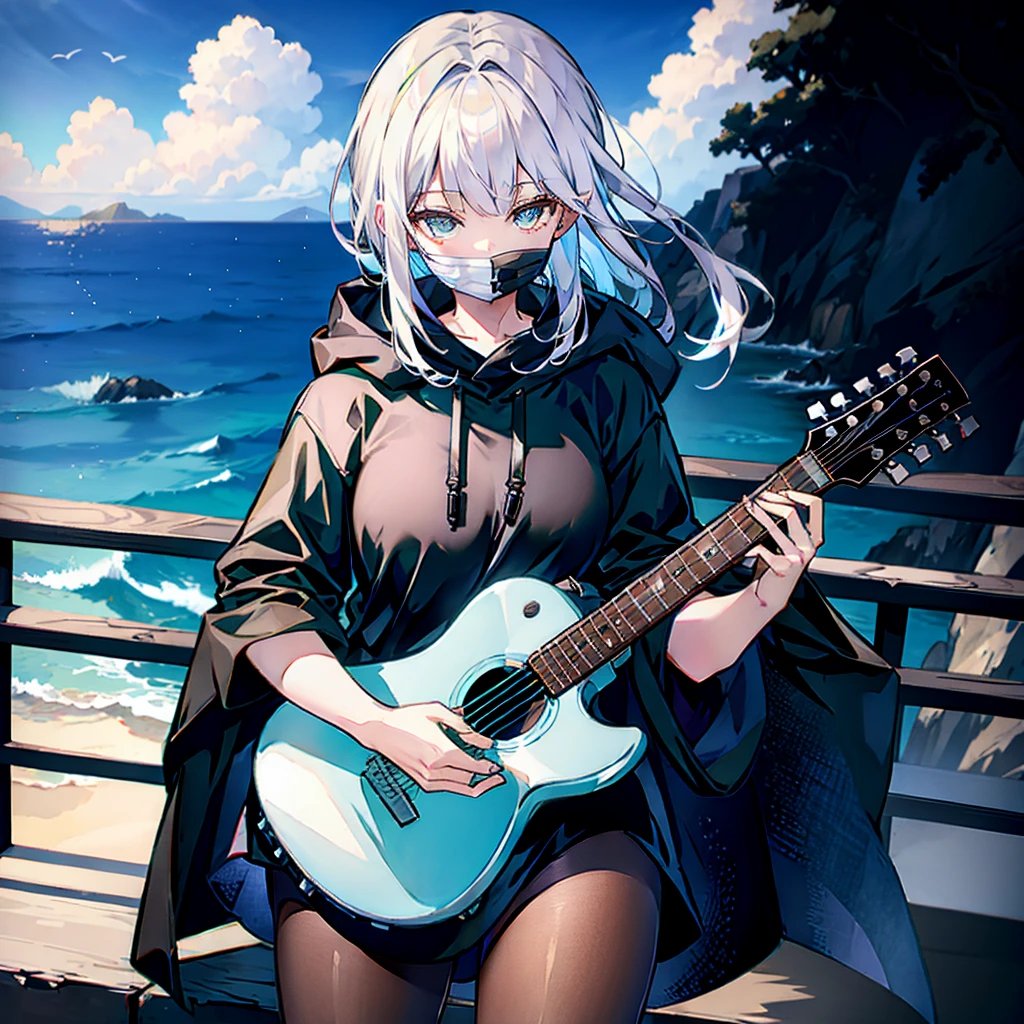 dusk，White hair girl，Wearing a black shirt，The hood covered her face，One hand holding a guitar，Facing the sea。