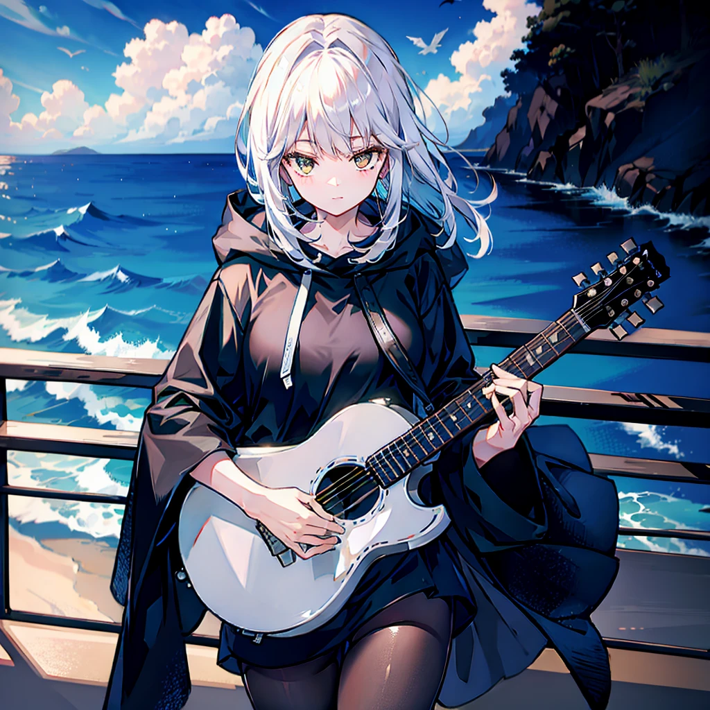 dusk，White hair girl，Wearing a black shirt，The hood covered her face，One hand holding a guitar，Facing the sea。