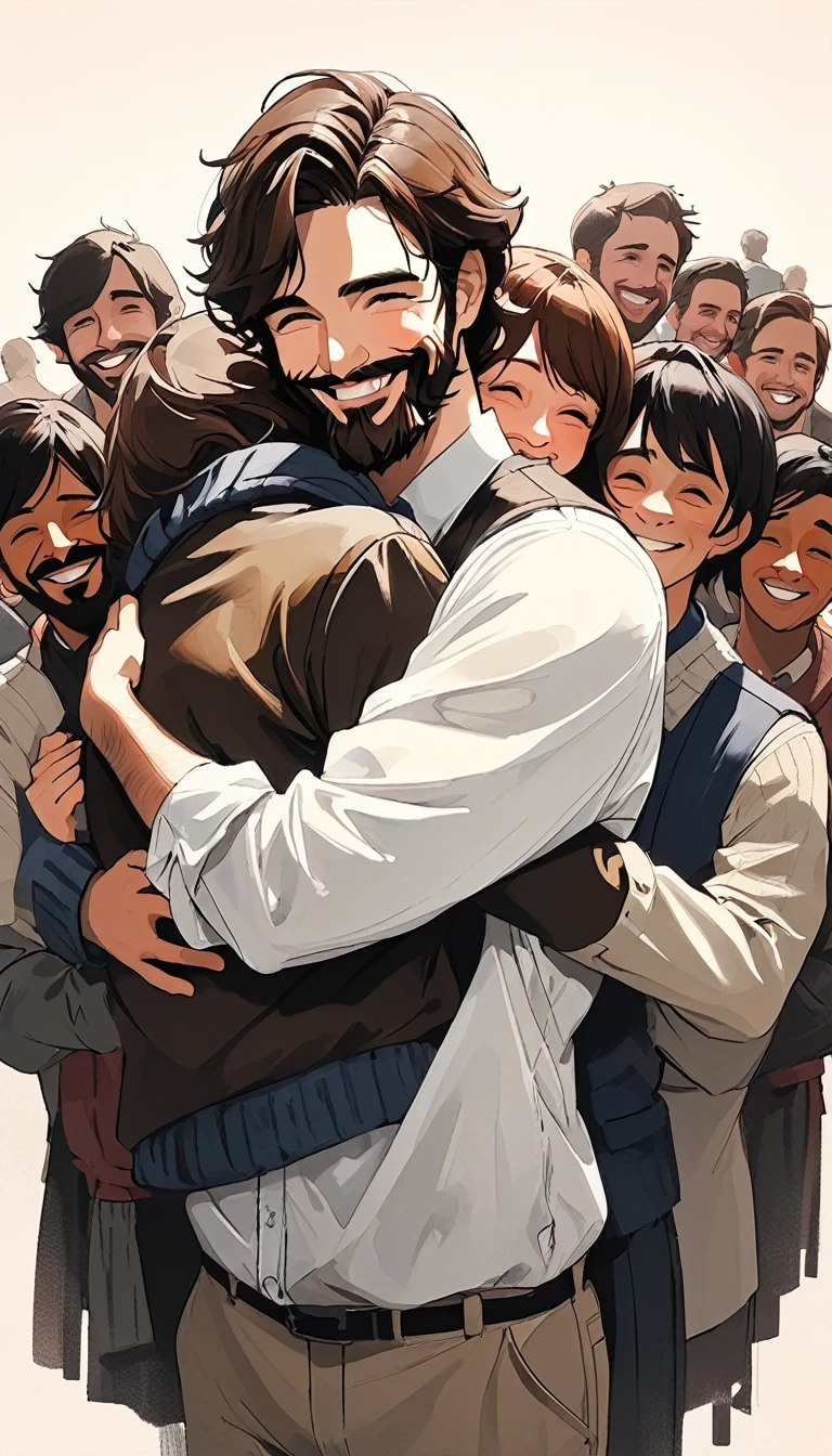 Sam Spratt style, smiling man hugging, with medium brown hair and medium beard next to a bunch of people