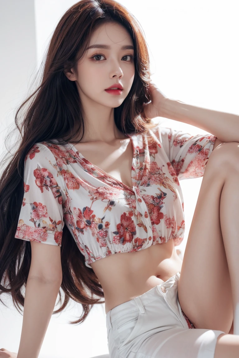 8ก,slim woman, red glossy lips,(The face is very beautiful and detailed.)), (best quality), (Superb details), (A collection of 8K CG wallpapers that are very detailed.),original photo, (stand), (white background) ,(rift),(average light source),shorts,black hair,long hair,(small breasts),(sexy girl)wear(floral shirt)