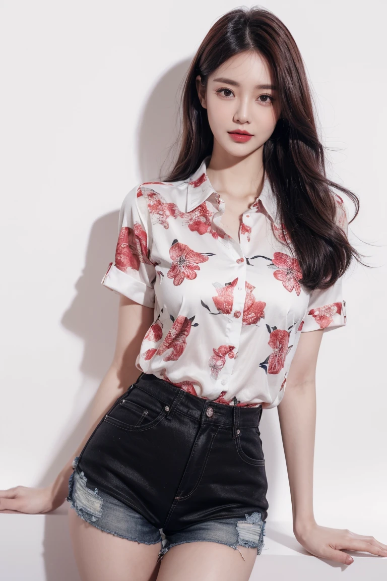 8ก,slim woman, red glossy lips,(The face is very beautiful and detailed.)), (best quality), (Superb details), (A collection of 8K CG wallpapers that are very detailed.),original photo, (stand), (white background) ,(rift),(average light source),shorts,black hair,long hair,(small breasts),(sexy girl)wear(floral shirt)