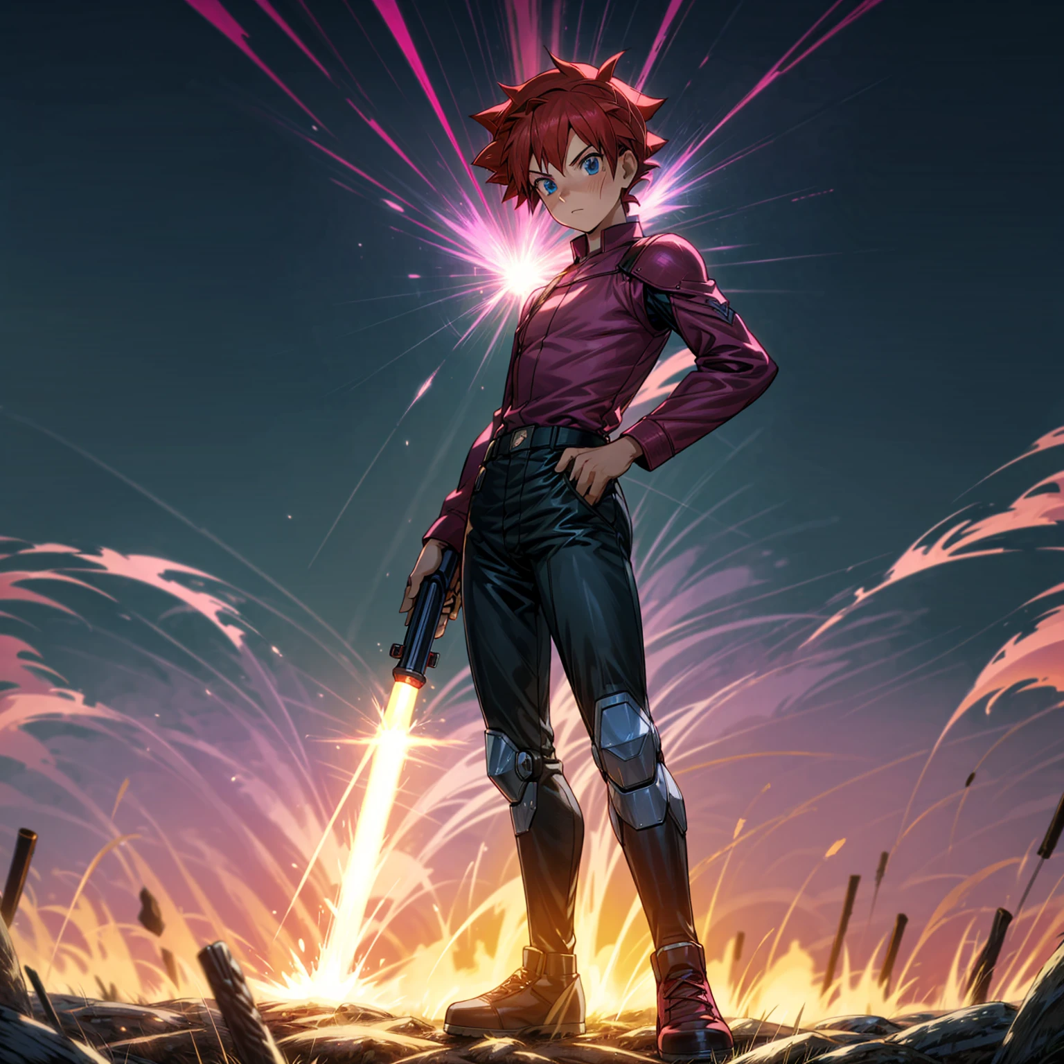 1boy, muscle, Full body version, 1character, blue eyes, short haircut, magenta color hair, Farmer style outfit, Boots, Grassroots, full background in field, motion blur, lighting, (Hunter x Hunter style art), big shotgun in hand, big weapon in hand, robot Shield in hand, smoke effect, fire effect, lighting on gun, plasma effect,