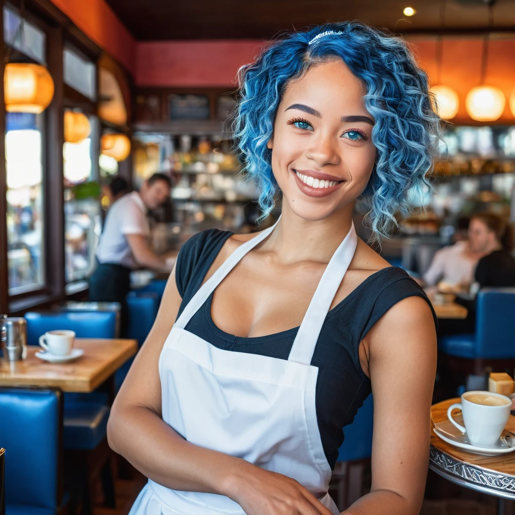 Smiling 1 beautiful biracial woman , blue eyes, blue hair, waitress in restaurant, extremely detailed full body