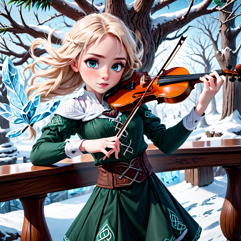 work of art,absurd resolution,8k,1 halfling girl,hair blonde,freckles,Celtic clothing,glad,beautiful hands,at the bar,violin, tree, adventurous, exploring, performing ice magic, enchantment and music