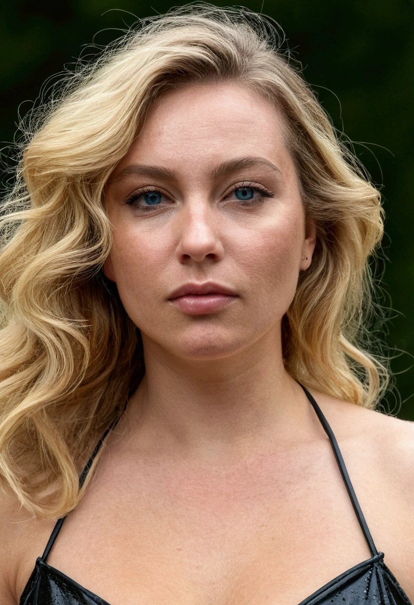 photoréaliste d'un jour de pluie et de gros seins de 24 ans,grosses lèvres,gros cul, avec de longs cheveux blonds luxueux, et des yeux naturels, portant une robe moulante côtelée noire froncée avec cordon de serrage, Derrière,dans Son expression doit être naturelle et invitante,Une photo non posée d'une femme à la peau claire.Émotionnel, Harmonieux, vignette, très détaillé, budget élevé,,tout le corps, toutes les photos même visage toutes les photos même visage