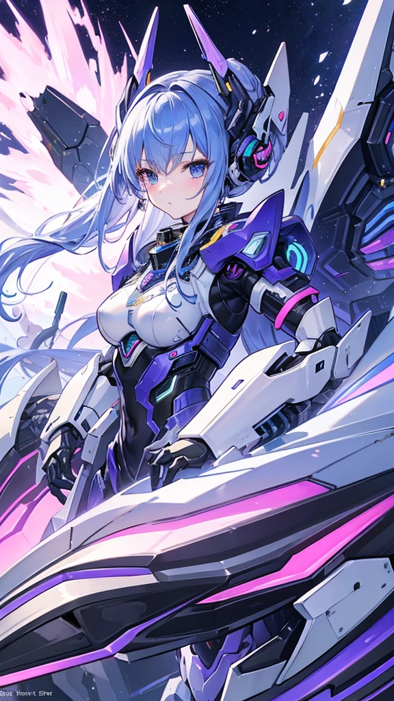 a close up of a robot with a purple and blue suit, concept art inspired by Ei-Q, pixiv contest winner, shin hanga, mechanized valkyrie girl, high detailed official artwork, girl in mecha cyber armor, ferra white mecha, fully robotic!! girl, ethereal and mecha theme, arasaka mech, female mecha、ショートヘア