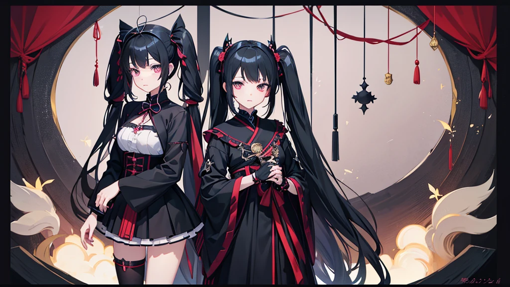 anime girl with long black hair, anime girl wearing a japanese black dress, goth girl, female anime character, noire, inspired by Jin Homura, noire photo, style of madhouse anime, gothic maiden anime girl, dark smile, wednesday, twin tails hair
