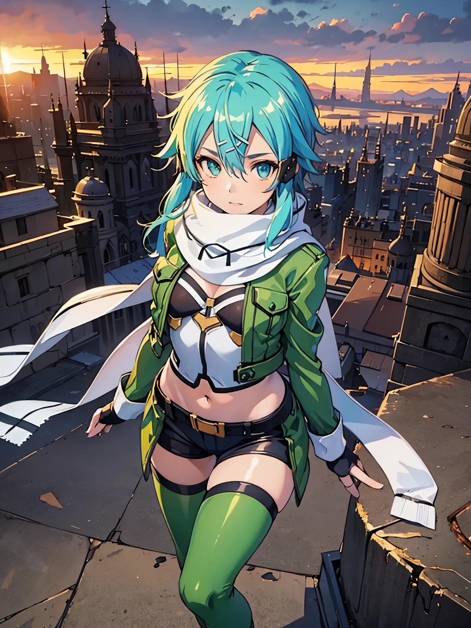 (masterpiece), best quality, expressive eyes, perfect face, highres, sinon1, scarf, fingerless gloves, long sleeves, short shorts,groin, hair ornament, hairclip, green thighhighs, green jacket,covered_nipples, thigh strap, field, sunset_ruins_landscape_background, ruined structures, dynamic_posing, looking at the viewer, (from above:1.2),covered_navel,