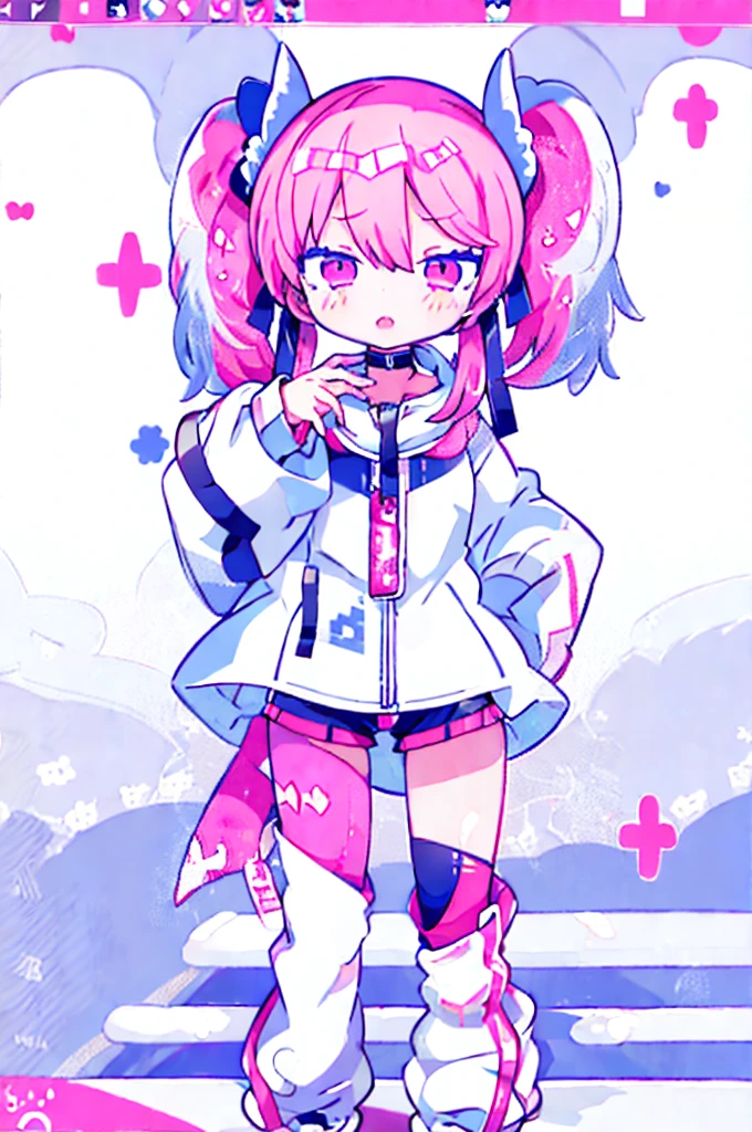 Cute, 1girl, pink hair twintails, white hoodie, black tight shorts, see through pantyhose, smug, pink eyes with heart in it