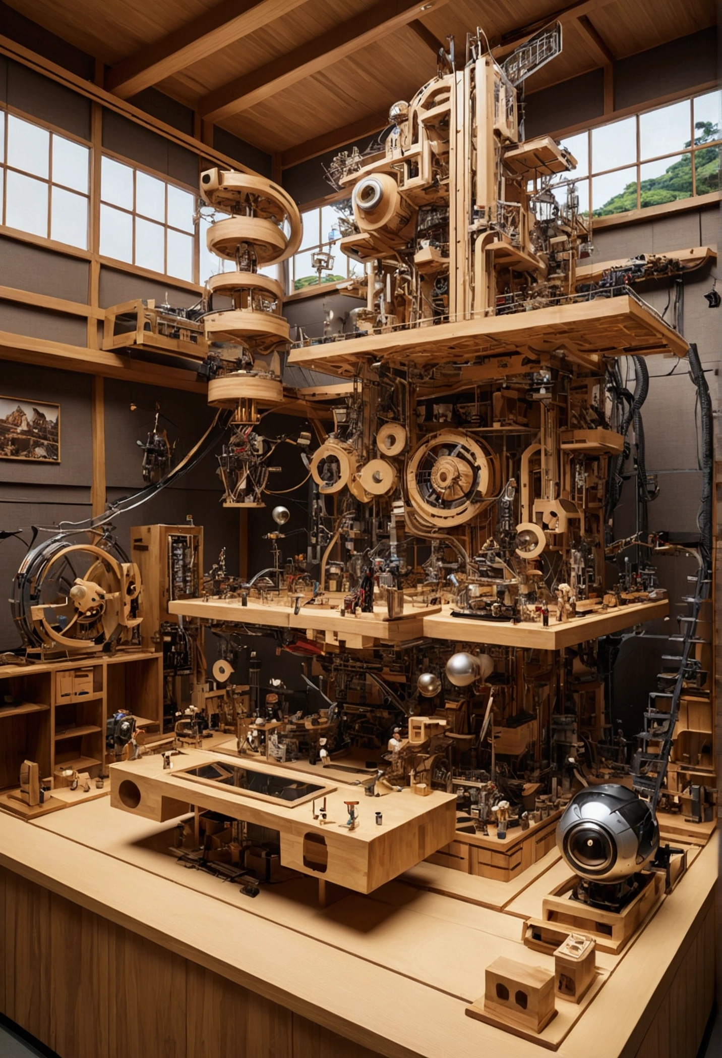 Japan、Yagura、wooden(Futuristic cybernetic Rube Goldberg machine in the center of the image:1.2)、kitsch、high tech、distinct、Cinematic、Anime influences、ultra modern、Sharp Focus、Wide-angle lens、landscape