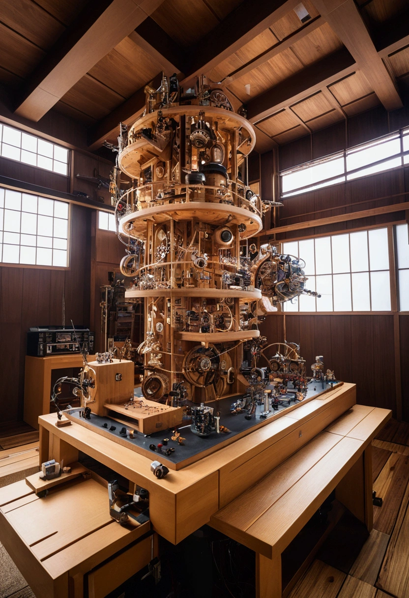 Japan、Yagura、wooden（Futuristic cybernetic Rube Goldberg machine in the center of the image：1.2）、kitsch、high tech、distinct、Cinematic、Anime influences、ultra modern、Sharp Focus、Wide-angle lens、landscape