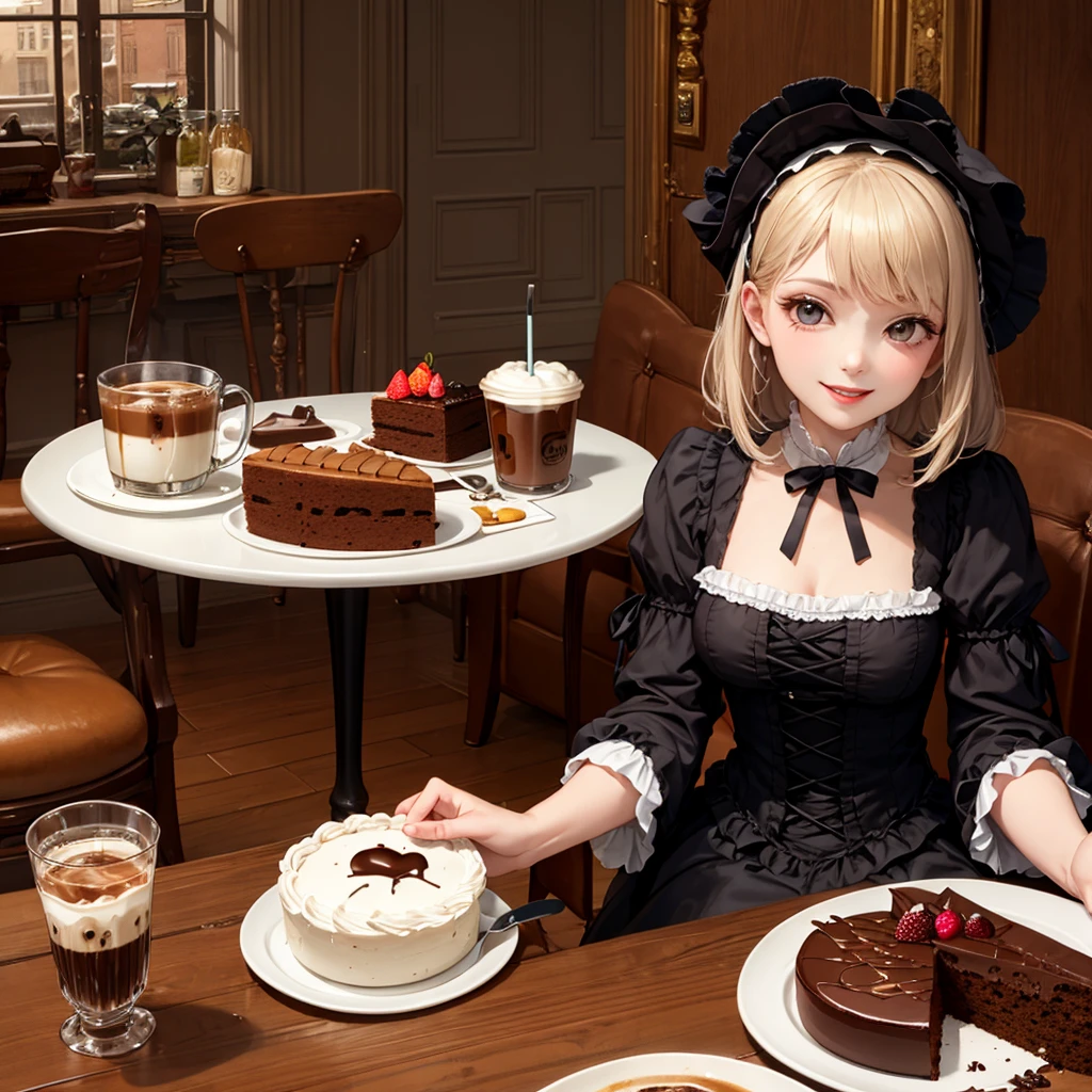 Coffee Break,Gothic Lolita,Victorian Era,Gothic ,solo girl,Smile,Chocolate cake,Perfect composition,Iced coffee on the table,