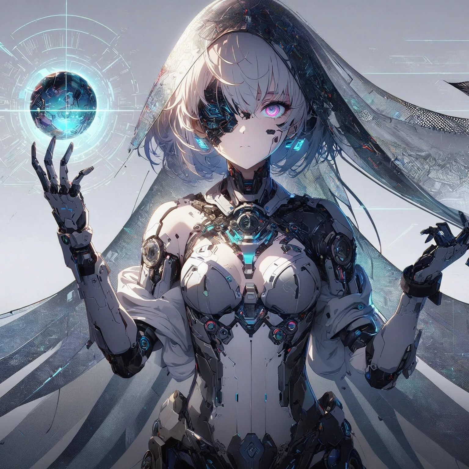 A female that have short, light-colored hair and are wearing an advanced suit of armor with intricate designs and glowing elements. One eye is visible while the other is covered by a dark patch, she has mechanical parts integrated into her body, (nude:0.9), especially on the arms and torso. . A spherical object emitting blue light, elements of cyberpunk, and sci-fi fashion, mechanical details, futuristic outfit, high-tech fashion, detailed gorgeous face| anime style| key visual| intricate detail| highly detailed| breathtaking| vibrant| panoramic| cinematic| Carne Griffiths| Conrad Roset| gibbli 8k