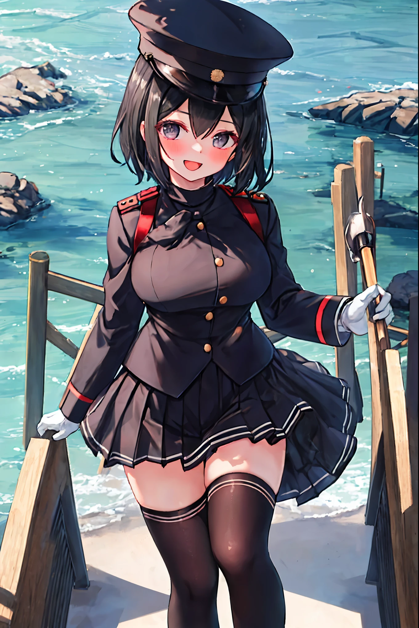 best quality, masterpiece, solo, {akitsu_maru_kantaicollection:1.15}, black_hair, short_hair, hat, peaked_cap, black_eyes, military, big_breasts, 1girl, black_headwear, looking_at_viewer,black_ military_uniform, uniform, military_hat, in_front_harbor_town_landscape_background, smile,(plump:0.7),,black_thigh-highs,joylight_open_mouth,