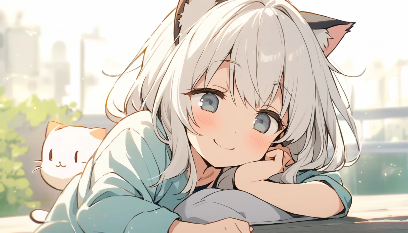 white_hair　Droopy eyes　Fleeting　Calm　Mild　mischief　smile　cute_Girl cat ears　Cat&#39;s Mouth　green_eye　Moe sleeves　gray_color_Chinese_Clothes　Belt on torso