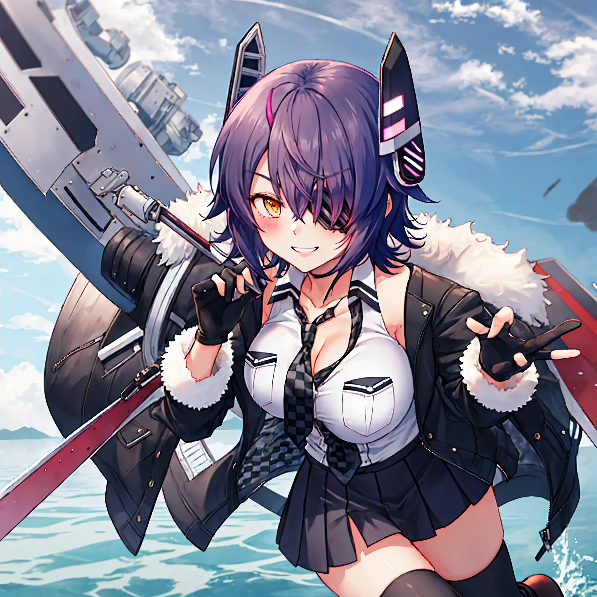 best quality, masterpiece, solo, {tenryuu_kantaicollection:1.15}, teen_girl, eyepatch, short_hair, purple_hair, yellow_eyes, headgear, breasts, necktie, large_breasts, smile, 1girl, blush, checkered_necktie, hair_over_one_eye, shirt, collared_shirt, white_shirt, jacket, sleeveless, brown_eyes, fur-trimmed_jacket, fur_trim, collarbone, looking_at_viewer, pocket, breast_pocket, ,, messy_hair, black_gloves, gloves, partially_fingerless_gloves,harbor_road_landscape_background,outdoor,short_skirt,thigh-highs,boots,sunlight,from_below