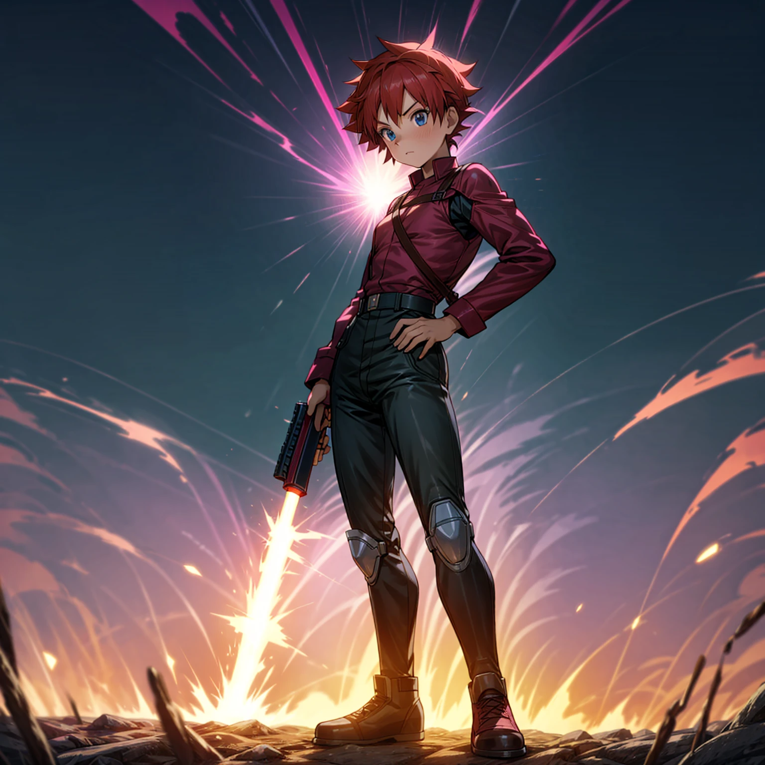 1boy, muscle, Full body version, 1character, blue eyes, short haircut, magenta color hair, Farmer style outfit, Boots, Grassroots, full background in field, motion blur, lighting, (Hunter x Hunter style art), big shotgun in hand, big weapon in hand, robot Shield in hand, smoke effect, fire effect, lighting on gun, plasma effect, Pupils face forward