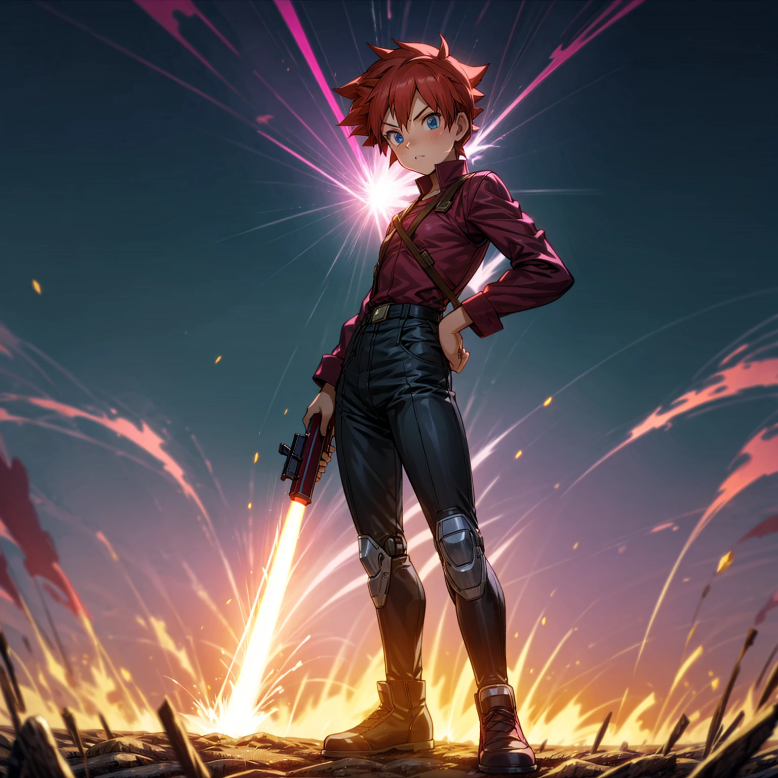 1boy, muscle, Full body version, 1character, blue eyes, short haircut, magenta color hair, Farmer style outfit, Boots, Grassroots, full background in field, motion blur, lighting, (Hunter x Hunter style art), big shotgun in hand, big weapon in hand, robot Shield in hand, smoke effect, fire effect, lighting on gun, plasma effect, Pupils face forward