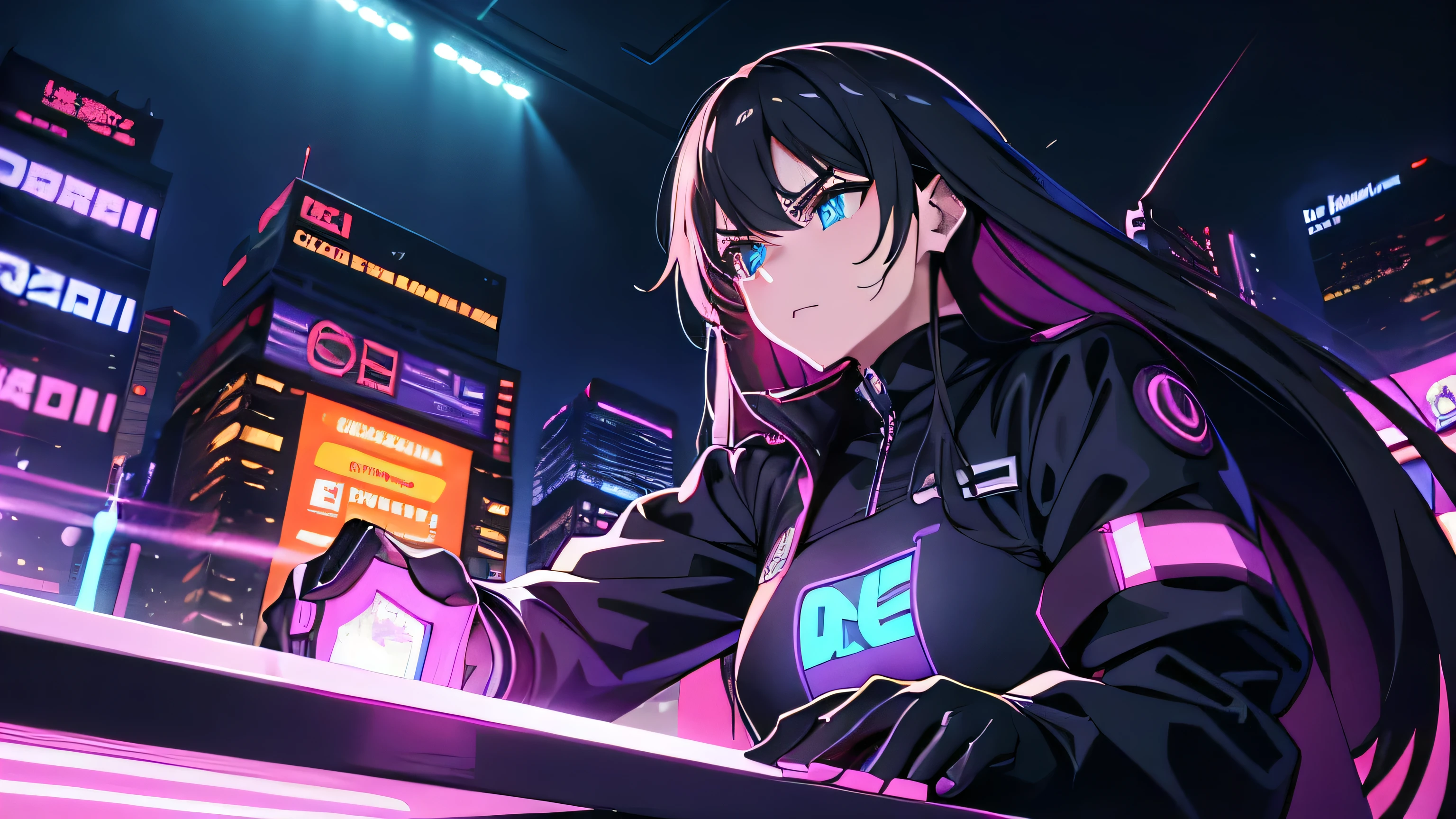 masterpiece,best quality,super detailed illustration, high definition, dynamic angles, beautiful details, 8K, summer night BREAK In a cyberpunk world of glowing neon lights and futuristic buildings, two BREAKs are playing chess: one is a man with a serious expression and a hint of sweat on his face. The other is a female android with a cool demeanor.