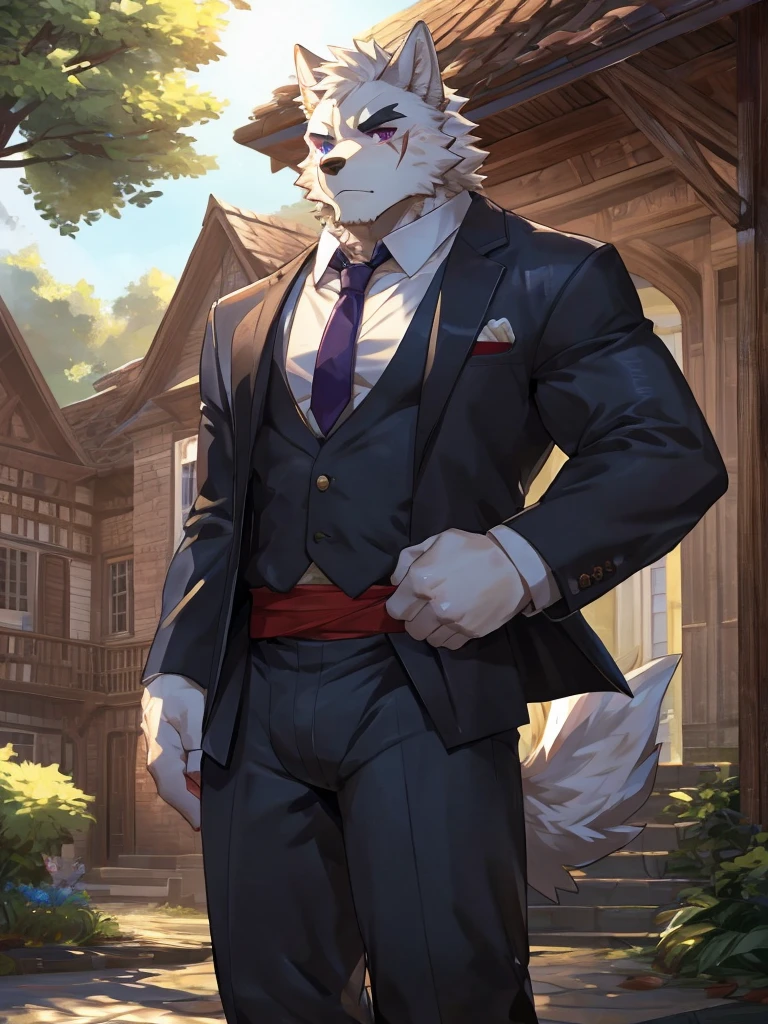 embedding:black wolf, male,purple eyes,Scar on the face, scar on the body,Single person,Black waistcoat,Smart posture, smart expression,father,Majestic, mob boss,Standing in the shade of a tree,In front of the characters is the house.Manor style architecture,With the box in his hand,Tall, mature,father,A modern manor,In the courtyard,Gravel road,Serious,Handsome, silent,Maturity,The highest quality of scene detail,adult,Tall and powerful,muscle,Exquisite scenes,Best quality hands, best quality eye,detailed fur,Delicate eyes.Extreme picture quality,by sollyz,by zixiong,by milkytiger1145