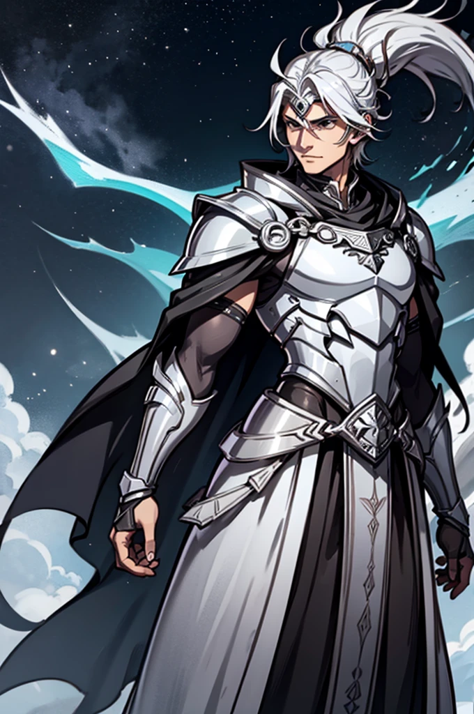 Male Warrior,Silver Armor,Silver hair,Silver Dragon Helmet,cloak,Standing,Handsome,HD