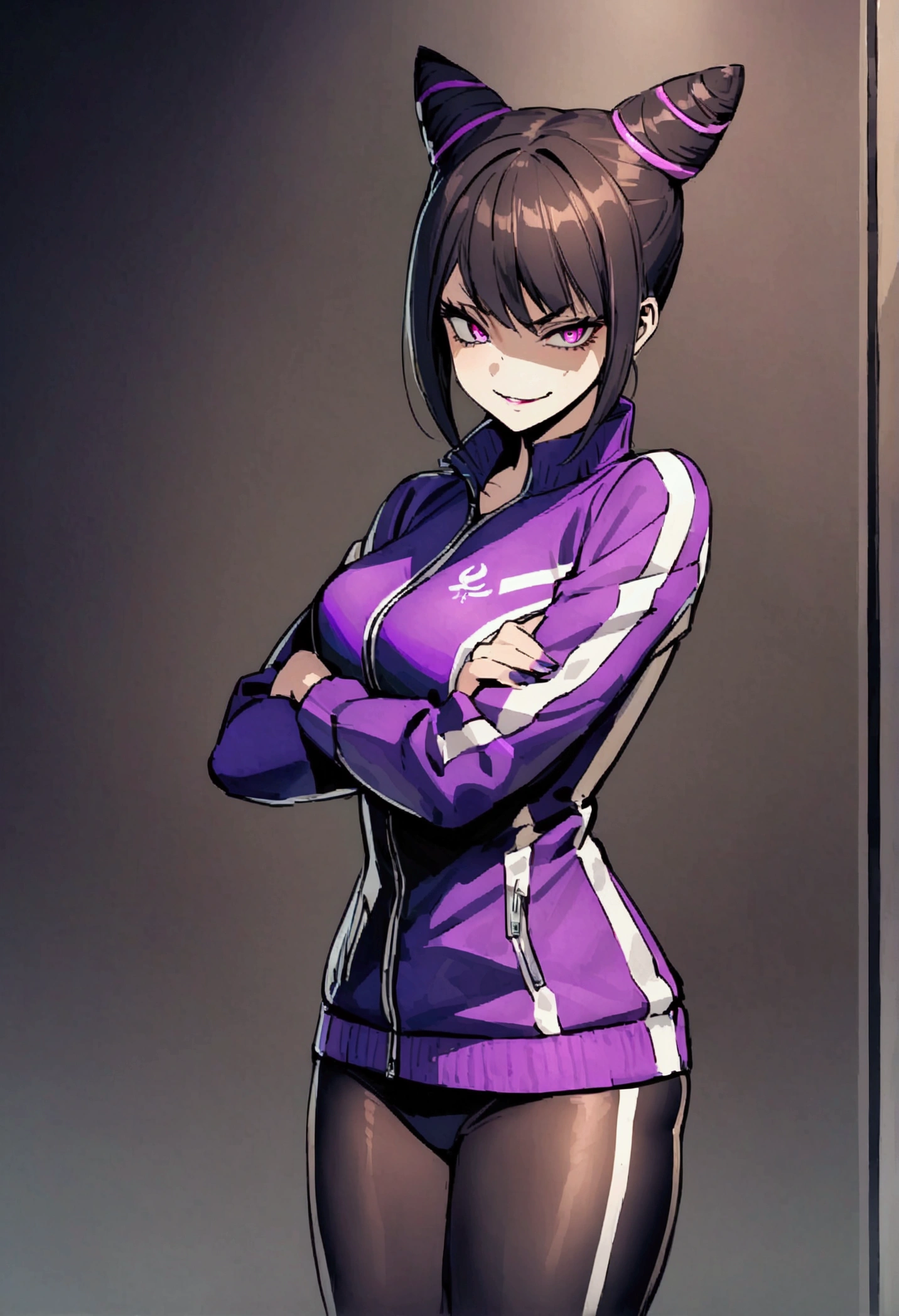 beautiful young fitness woman with , in a gym wearing May with black pantyhose, white and purple fitted gym jacket. standing alone,hair horns,bright purple eyes,Evil smile,legging preto aura roxa,arms crossed eye shadow,whole body

