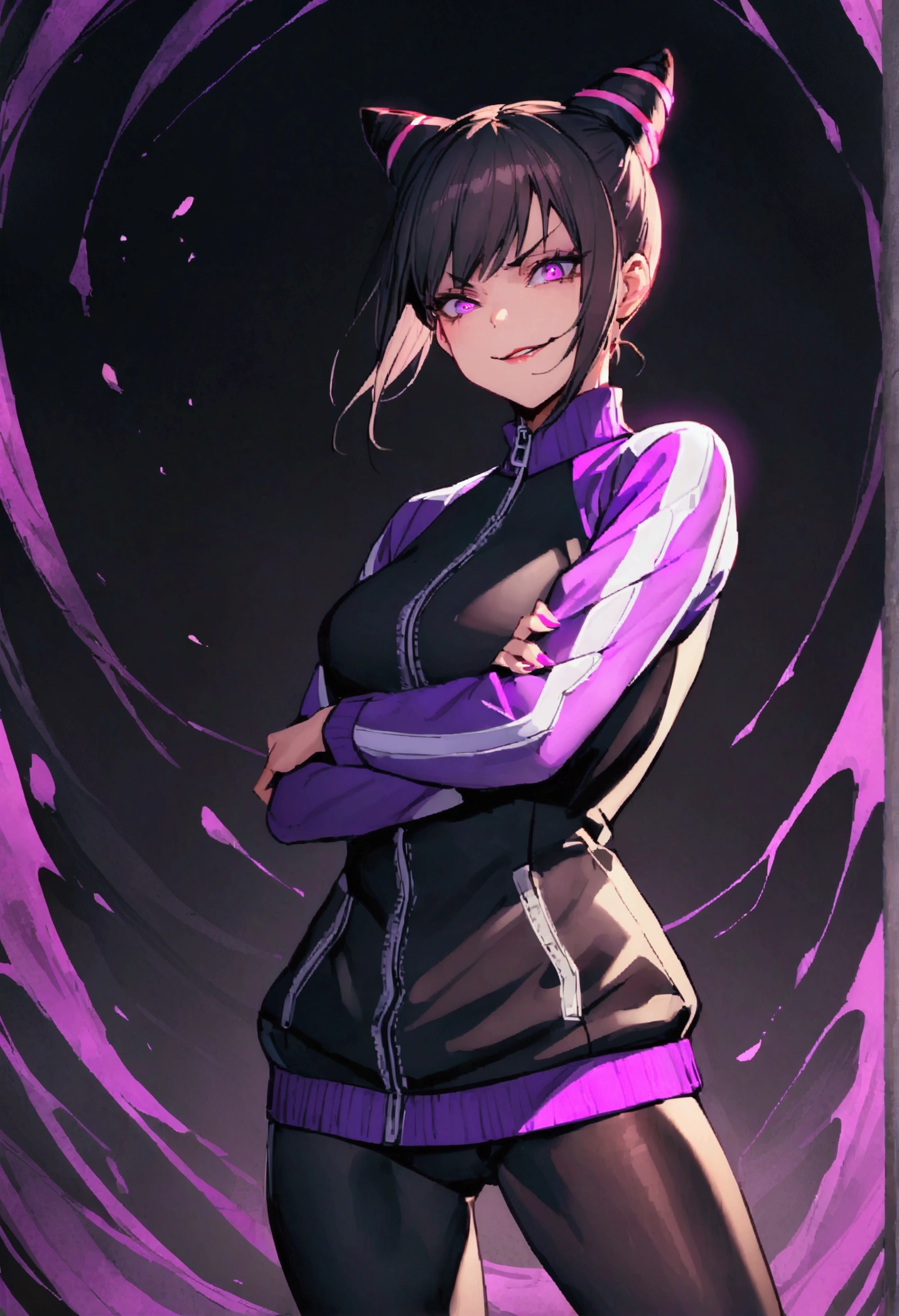 beautiful young fitness woman with , in a gym wearing May with black pantyhose, white and purple fitted gym jacket. standing alone,hair horns,bright purple eyes,Evil smile,legging preto aura roxa,arms crossed eye shadow,whole body
