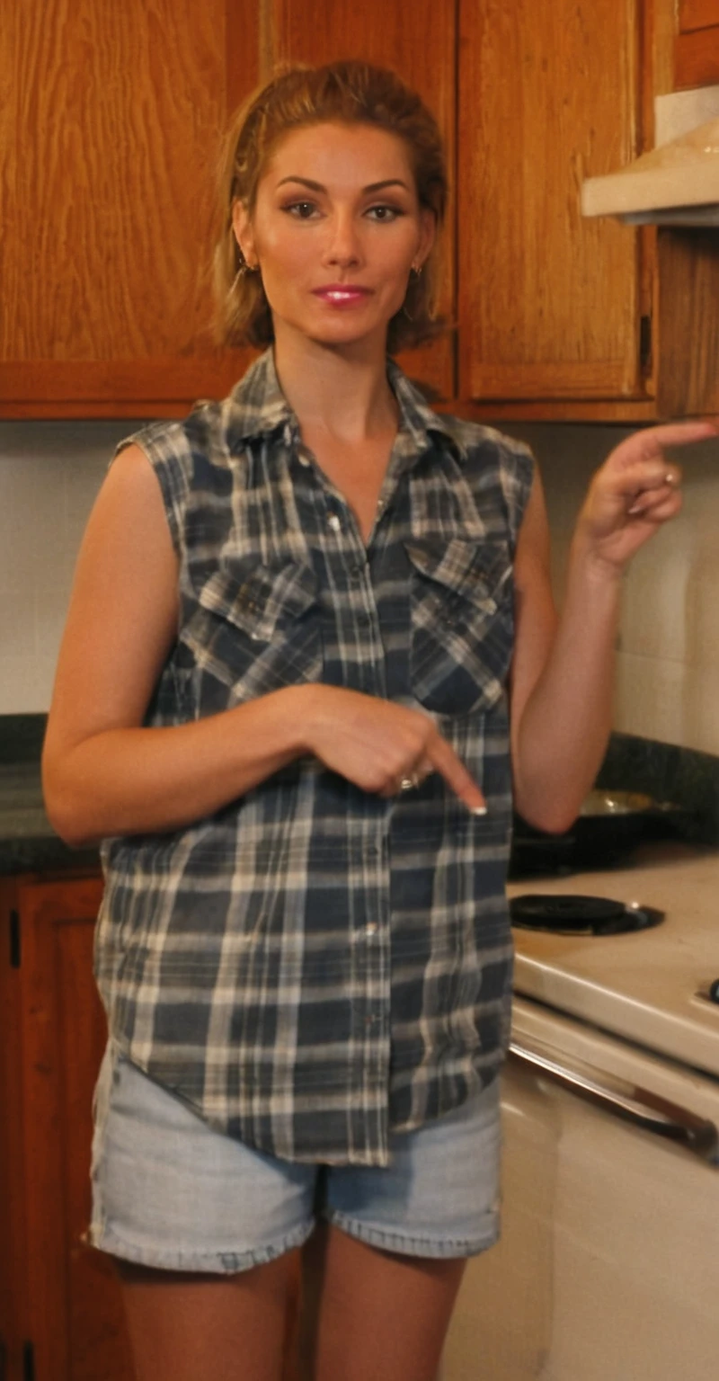 pretty woman pointing at something in kitchen with wooden cabinets, wearing nothing, in the nude, cooking it up, full body close-up shot, mid 20's female, wide shot photo, very sexy, her clothes are transparent