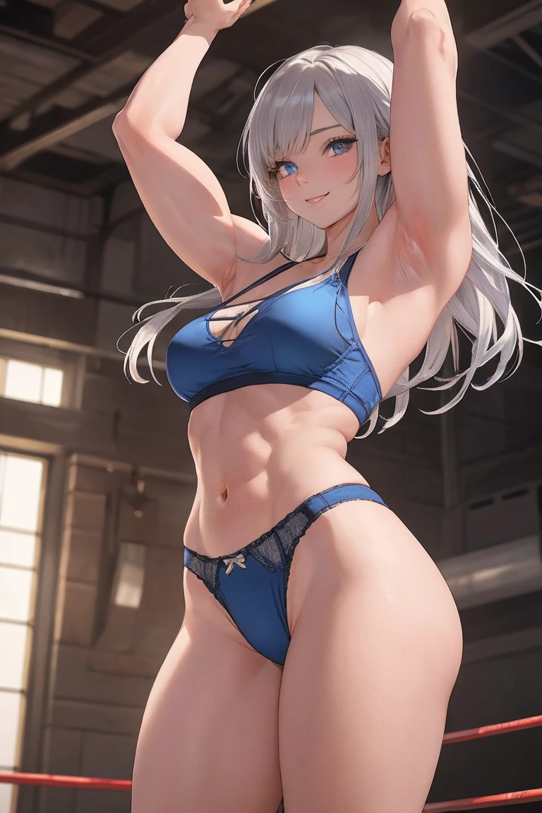 Beautiful silver-haired woman with blue eyes, Wearing sexy panties, She looks down on the viewer with a cute smile, Highly detailed and realistic, masterpiece quality, Very detailed, High resolution, Studio Lighting, Vibrant colors, Physically Based Rendering, Thick and muscular thighs, Beautiful muscular thighs, Very strong wrestler,((Raise your arms, Expose your armpits)),