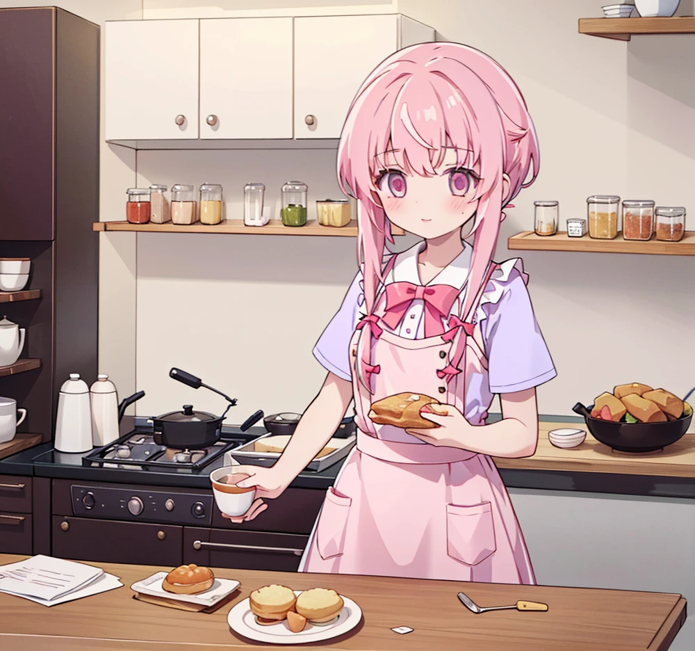 1girl,pink hair, pink eyes with love, detailed eyes, straight hair, straight bangs, shiny hair,
,red bowtie,purple skirt,purple shirt,pleated skirt,short sleeves, high-definition,masterpiece, best quality, slim waist, cute, sailor uniform, In the middle of the meal,cooking, Detailed face, Delicate features, Wear an apron, Cooking dinner alone in a modern kitchen, Warm and cozy kitchen lighting, Relaxed and happy look, Very detailed, 8K resolution, 最high quality, Instagrammable, beautiful, trend (PastelColors: 1.3)