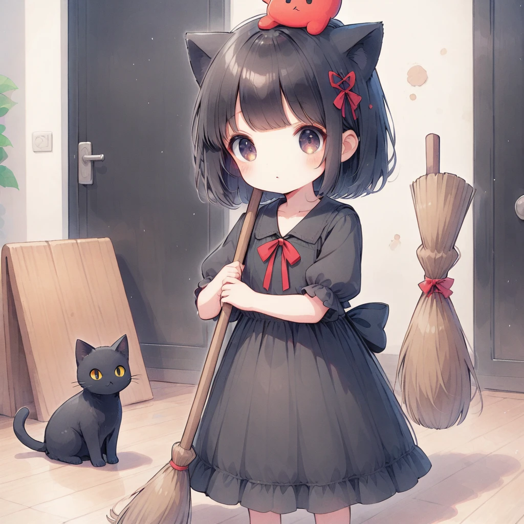 Dark Eyes,Black Hair,Big red ribbon on head,short,Black dress,There is a black cat,Broom