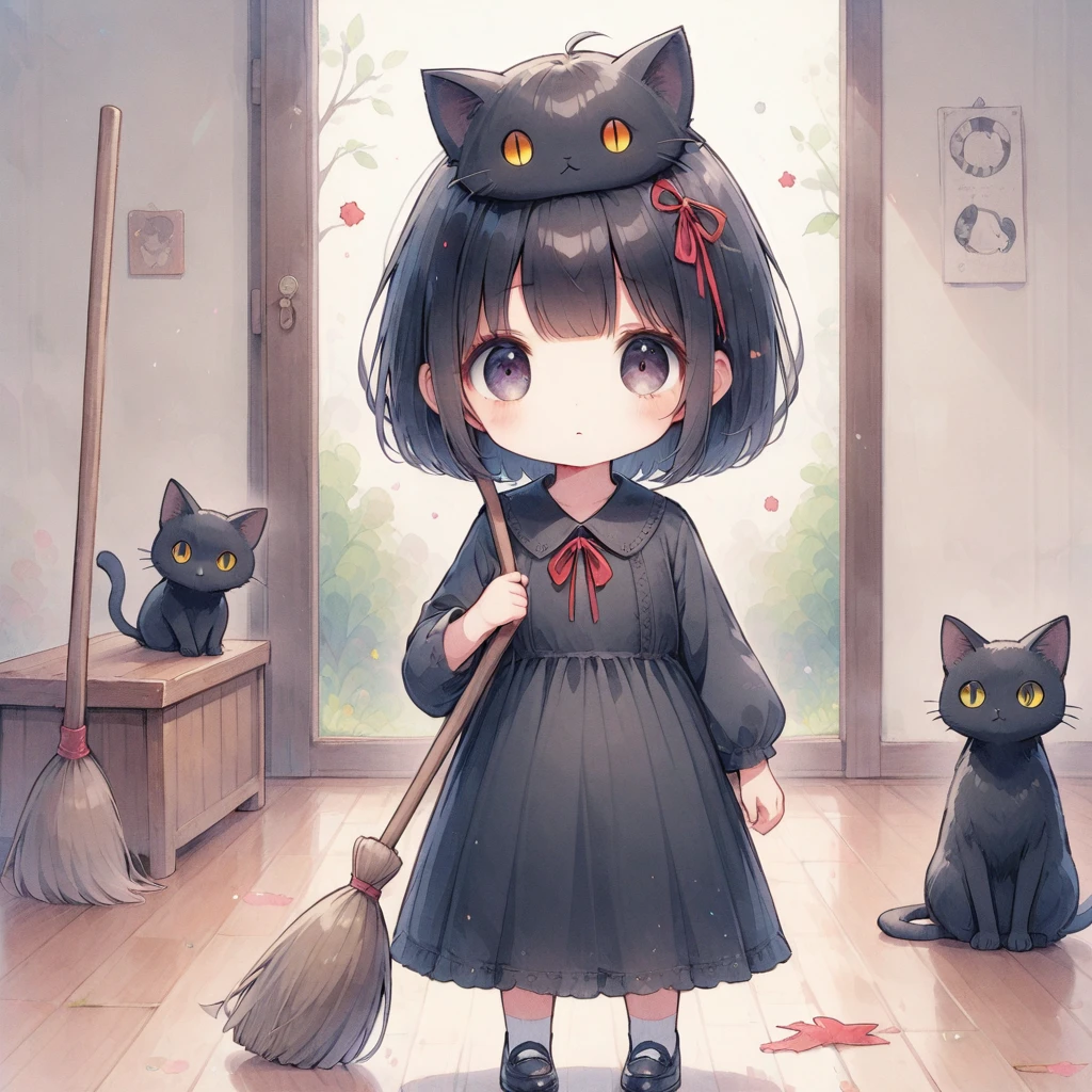 Dark Eyes,Black Hair,Big red ribbon on head,short,Black dress,There is a black cat,Broom