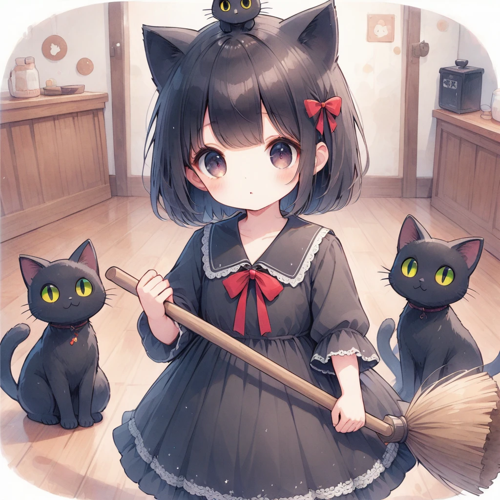 Dark Eyes,Black Hair,Big red ribbon on head,short,Black dress,There is a black cat,Broom