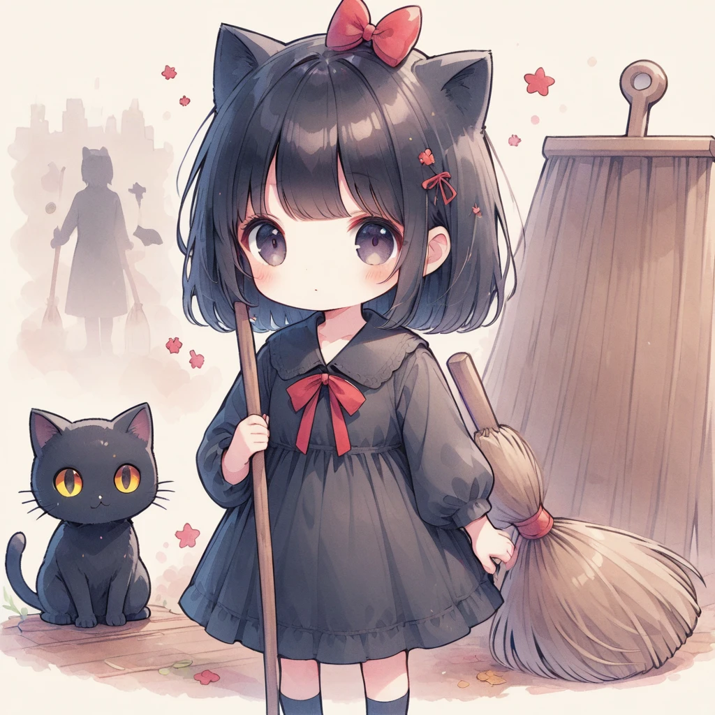 Dark Eyes,Black Hair,Big red ribbon on head,short,Black dress,There is a black cat,Broom