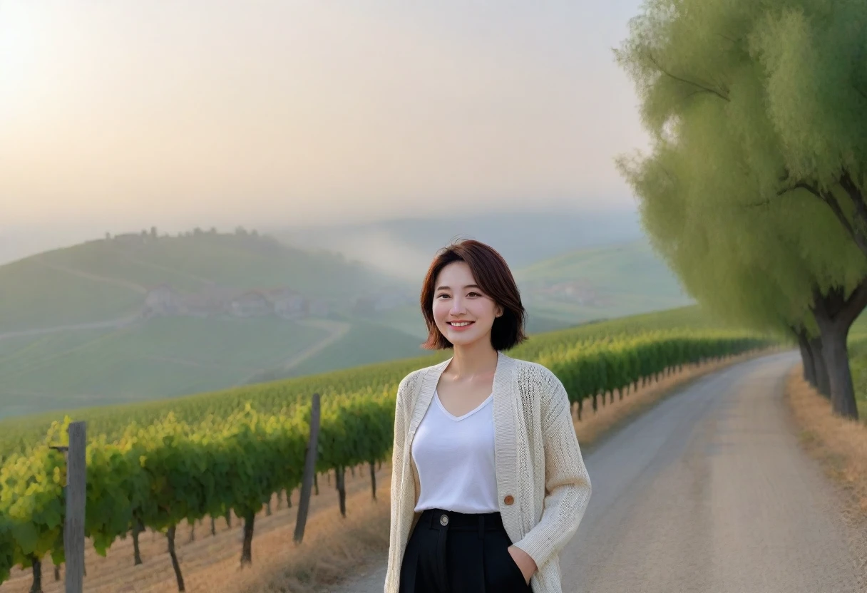 8k best picture quality, Beautiful 36-year-old Korean woman, Chest size 34 inches, Dawn in the northern Italian countryside, View of the cathedral next to the vineyards, The back background is realistic and vivid quality., short medium hair, white shirt and cardigan, Wear casual pants, Smile slightly. the background is clear, look up to the side.  Cottonwood street trees Looking at vineyards covered in thick fog from a hillside road